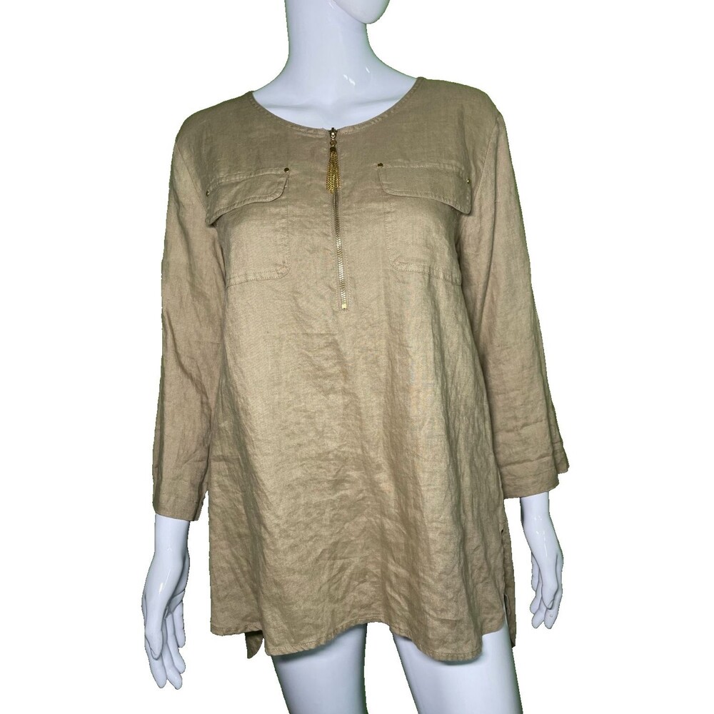 Ellen Tracy Co NWT Medium 1/4 Zip Tan Linen Tunic Roll-Tab 3/4 Sleeve Blouse